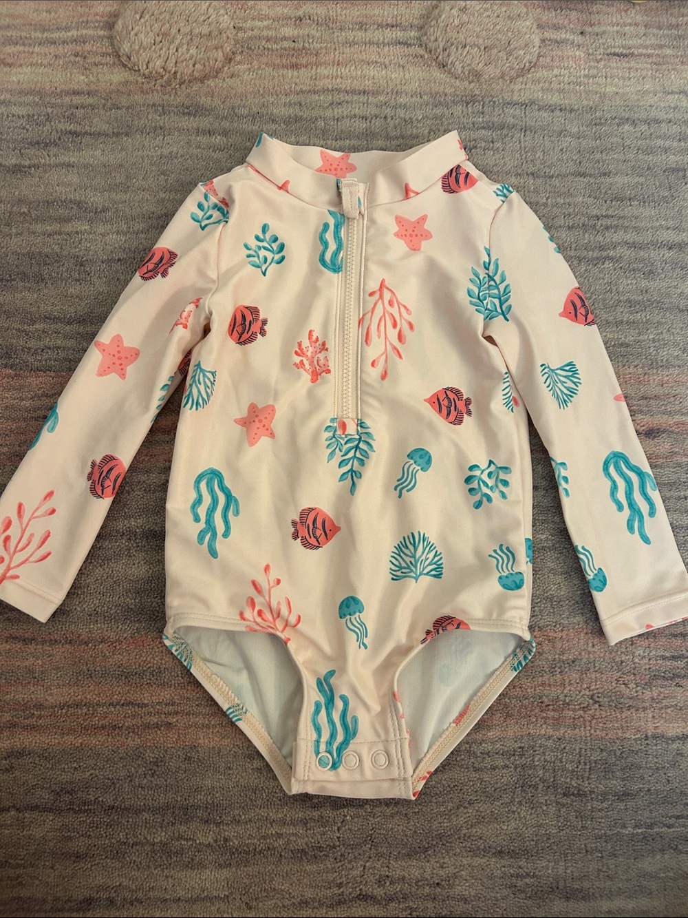 Carter's Cream Long Sleeve One-Piece Swimsuit with Coral & Teal Sea Life Print